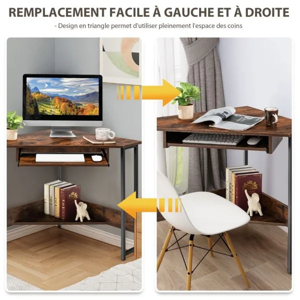 Bureau Angle Bureau Informatique avec Etagère Clavier 72 x 72 x 75,5 cm avec Etagère de Rangement Brun Rustique