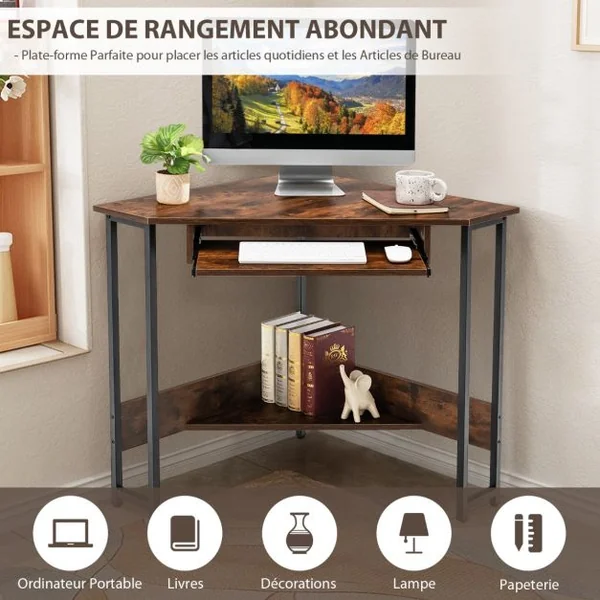 Bureau Angle Bureau Informatique avec Etagère Clavier 72 x 72 x 75,5 cm avec Etagère de Rangement Brun Rustique