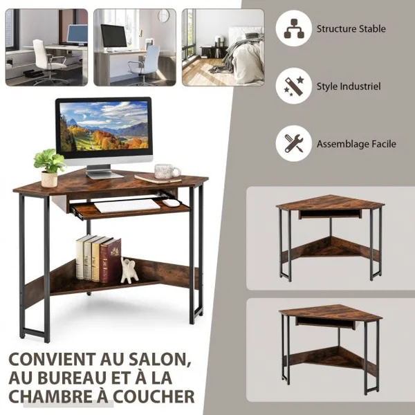 Bureau Angle Bureau Informatique avec Etagère Clavier 72 x 72 x 75,5 cm avec Etagère de Rangement Brun Rustique