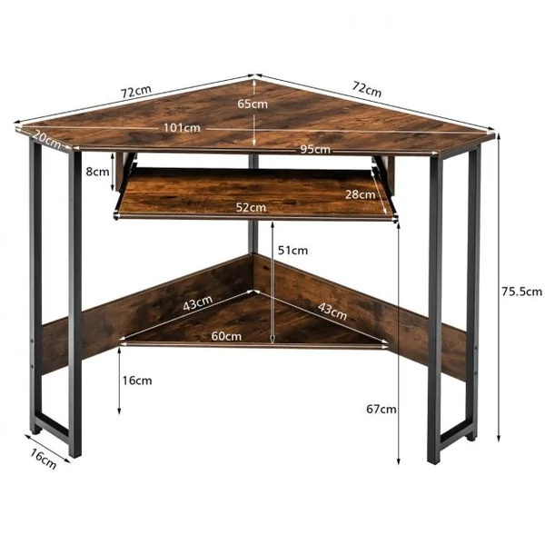Bureau Angle Bureau Informatique avec Etagère Clavier 72 x 72 x 75,5 cm avec Etagère de Rangement Brun Rustique