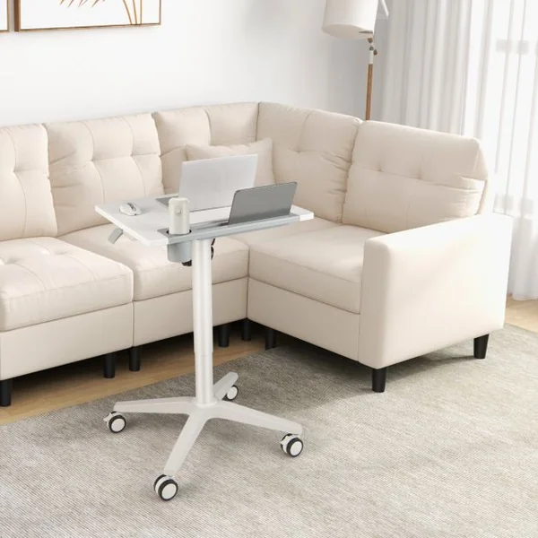 Bureau Assis Debout 71 x 48 x 77-107 cm Table Hauteur Réglable avec Porte pour Gobelet Casque Tablette Levage Pneumatique Blanc