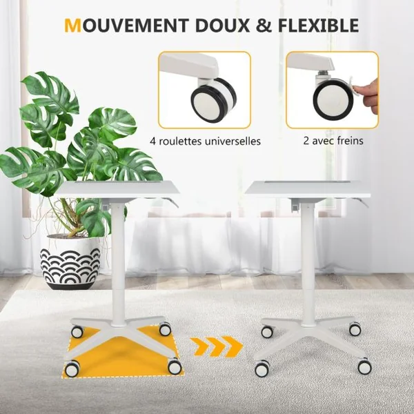 Bureau Assis Debout 71 x 48 x 77-107 cm Table Hauteur Réglable avec Porte pour Gobelet Casque Tablette Levage Pneumatique Blanc