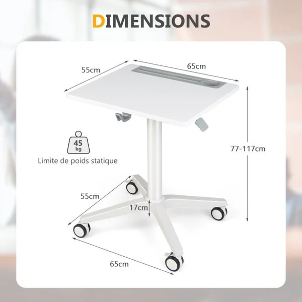 Bureau Assis Debout 71 x 48 x 77-107 cm Table Hauteur Réglable avec Porte pour Gobelet Casque Tablette Levage Pneumatique Blanc
