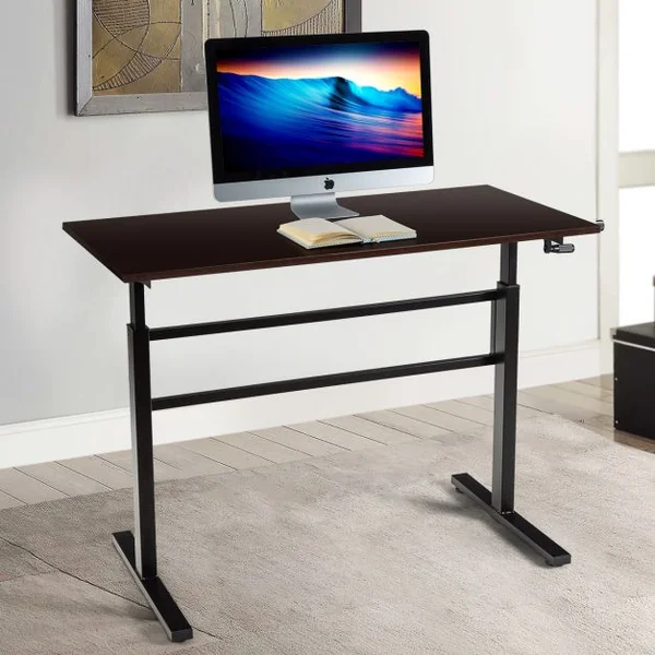 Bureau Assis Debout Réglable en Hauteur 75-113CM avec Manivelle Pliable Cadre en Acier