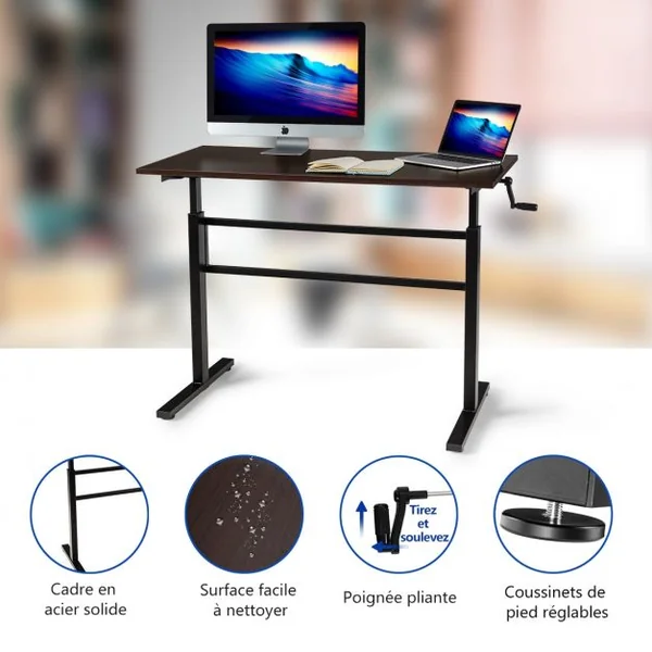 Bureau Assis Debout Réglable en Hauteur 75-113CM avec Manivelle Pliable Cadre en Acier