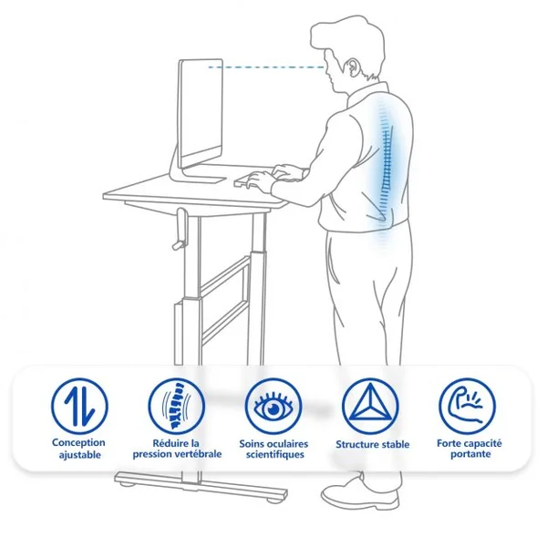 Bureau Assis Debout Réglable en Hauteur 75-113CM avec Manivelle Pliable Cadre en Acier