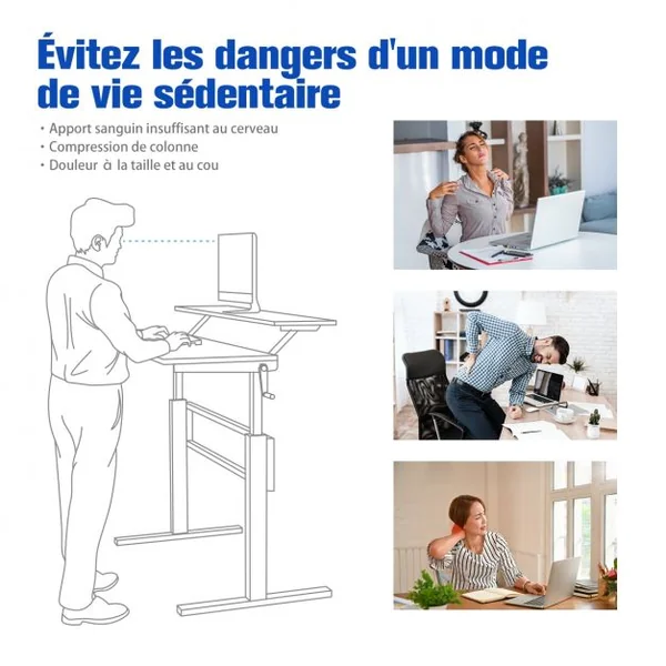 Bureau Assis Debout Réglable en Hauteur 75-113cm avec Manivelle Pliable Mabuel Table d'Ordinateur Egonomique