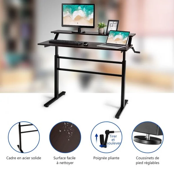 Bureau Assis Debout Réglable en Hauteur 75-113cm avec Manivelle Pliable Mabuel Table d'Ordinateur Egonomique