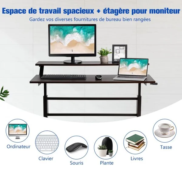 Bureau Assis Debout Réglable en Hauteur 75-113cm avec Manivelle Pliable Mabuel Table d'Ordinateur Egonomique
