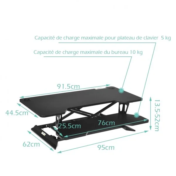 Bureau Assis Debout à Hauteur Réglable 13,5-52cm Large Elévateur Plateau de Clavier Noir
