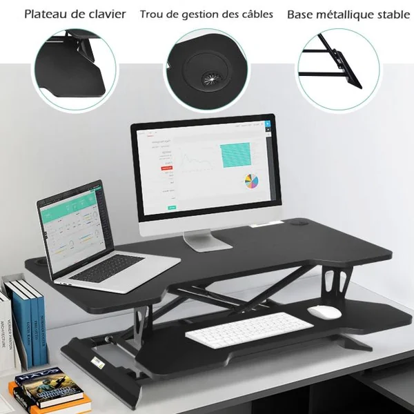 Bureau Assis Debout à Hauteur Réglable 13,5-52cm Large Elévateur Plateau de Clavier Noir