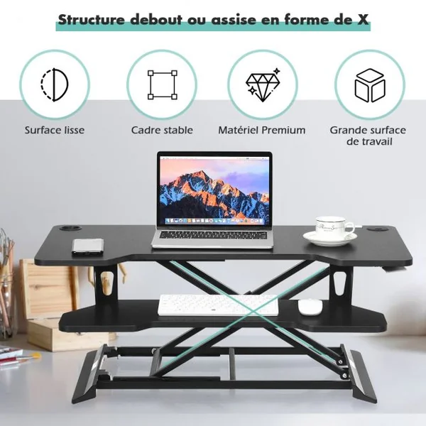Bureau Assis Debout à Hauteur Réglable 13,5-52cm Large Elévateur Plateau de Clavier Noir