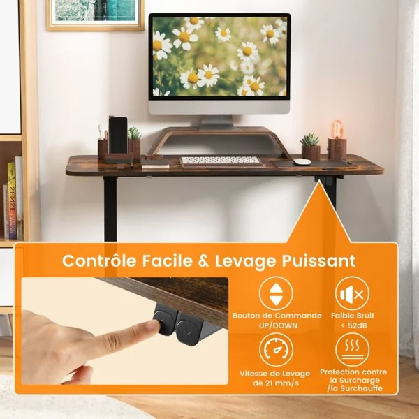 Bureau Assis Debout Électrique 110 x 60 x 71,5-115,5 cm Réglable en Hauteur Mono-Moteur Système Anti-Collision Charge : 80 KG Marron