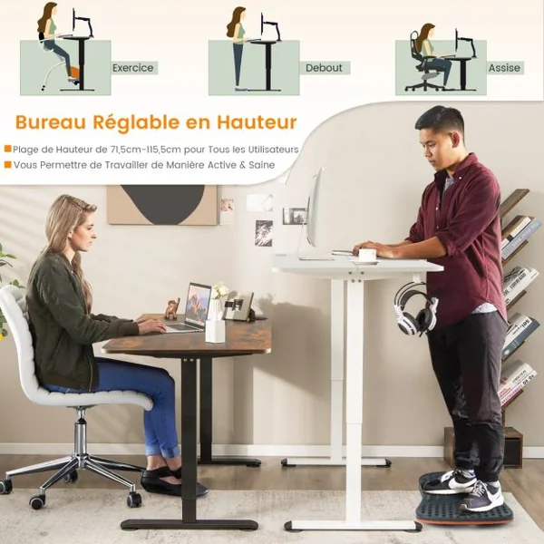 Bureau Assis Debout Électrique 110 x 60 x 71,5-115,5 cm Réglable en Hauteur Mono-Moteur Système Anti-Collision Charge : 80KG Blanc
