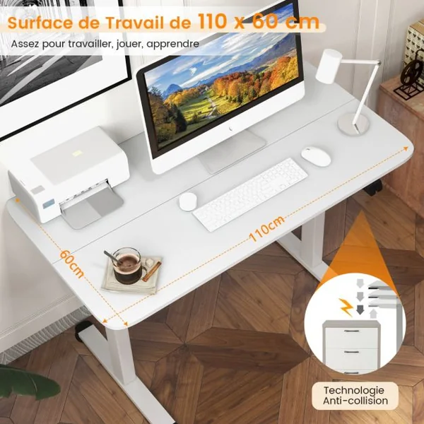 Bureau Assis Debout Électrique 110 x 60 x 71,5-115,5 cm Réglable en Hauteur Mono-Moteur Système Anti-Collision Charge : 80KG Blanc