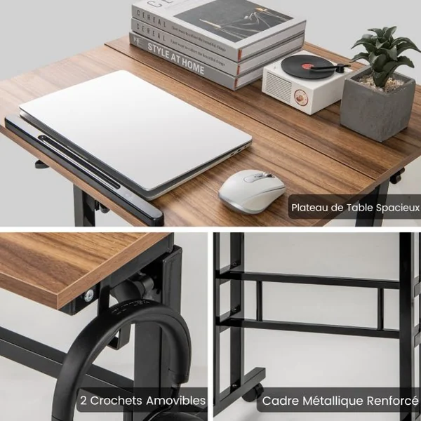 Bureau Assis-Debout à Roulettes Table Imformatique pour Ordinateur Hauteur Réglable Poste de Travail Inclinable Natrurel/Noyer/Noir/Blanc
