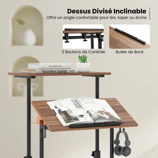 Bureau Assis-Debout à Roulettes Table Imformatique pour Ordinateur Hauteur Réglable Poste de Travail Inclinable Natrurel/Noyer/Noir/Blanc
