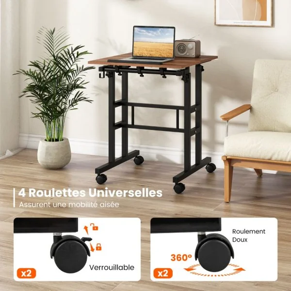 Bureau Assis-Debout à Roulettes Table Imformatique pour Ordinateur Hauteur Réglable Poste de Travail Inclinable Natrurel/Noyer/Noir/Blanc