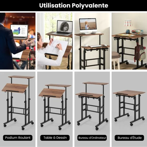 Bureau Assis-Debout à Roulettes Table Imformatique pour Ordinateur Hauteur Réglable Poste de Travail Inclinable Natrurel/Noyer/Noir/Blanc