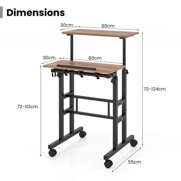 Bureau Assis-Debout à Roulettes Table Imformatique pour Ordinateur Hauteur Réglable Poste de Travail Inclinable Natrurel/Noyer/Noir/Blanc