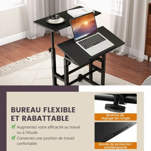 Bureau Assis-Debout à Roulettes Table Imformatique pour Ordinateur Hauteur Réglable Poste de Travail Inclinable Noir