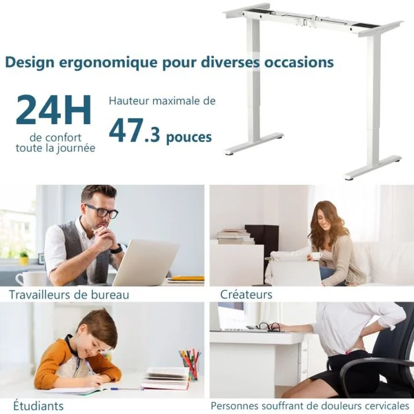 Bureau Assis-Debout Électrique à 2 Moteurs Cadre de Bureau avec Largeur et Hauteur Réglables et Commande à Mémoire Blanc/Gris/Noir