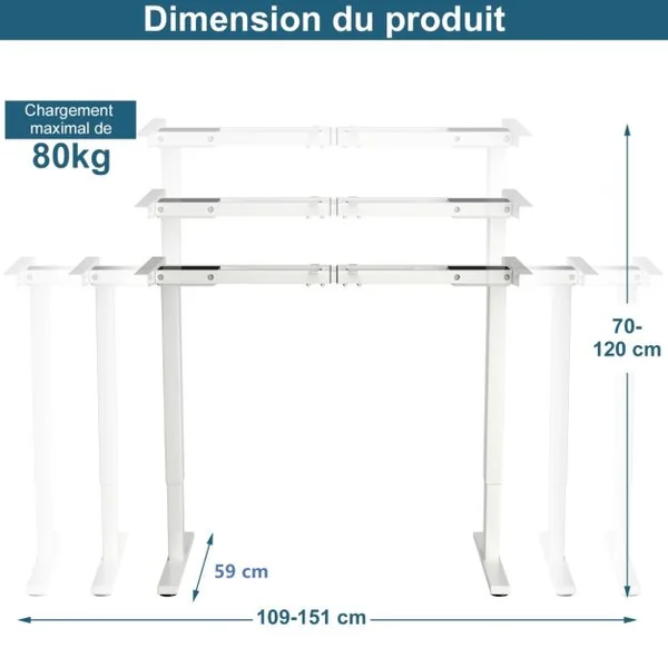 Bureau Assis-Debout Électrique à 2 Moteurs Cadre de Bureau avec Largeur et Hauteur Réglables et Commande à Mémoire Blanc/Gris/Noir