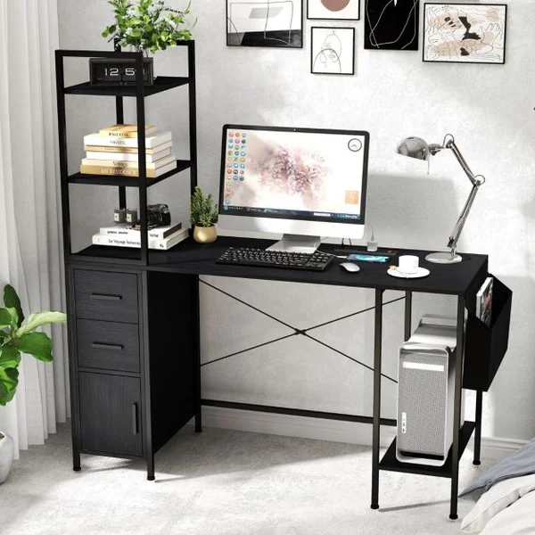 Bureau avec Lumières LED et Prises de Courant Bureau Moderne Etagères Ouvertes 2 Tiroirs Armoire Support pour Processeur Poche Noir
