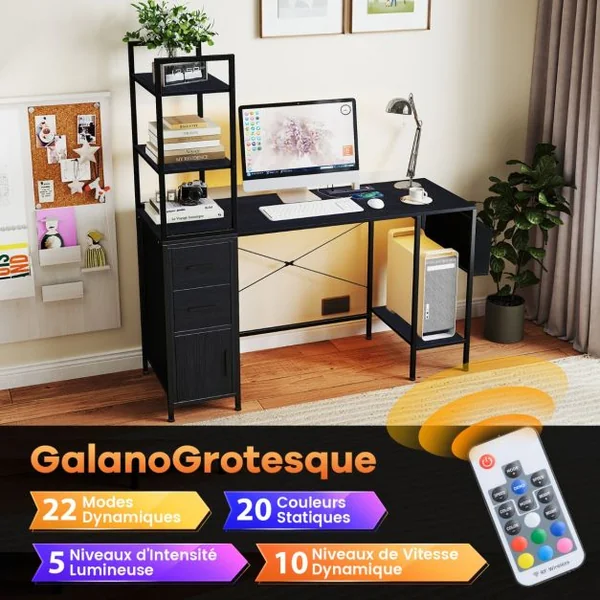Bureau avec Lumières LED et Prises de Courant Bureau Moderne Etagères Ouvertes 2 Tiroirs Armoire Support pour Processeur Poche Noir