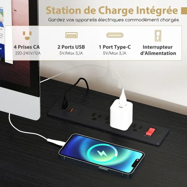 Bureau avec Lumières LED et Prises de Courant Bureau Moderne Etagères Ouvertes 2 Tiroirs Armoire Support pour Processeur Poche Noir