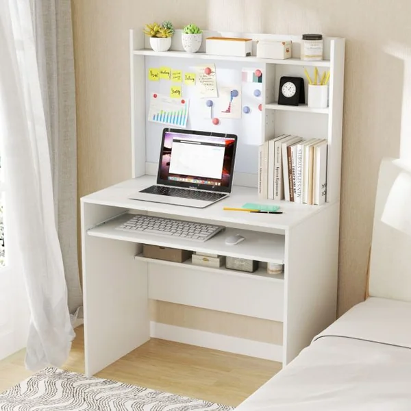 Bureau avec Tableau d'Affichage Magnétique Bureau à Domicile avec Huche et Plateau pour Clavier Table d'Ecriture avec Etagère Réglable Blanc