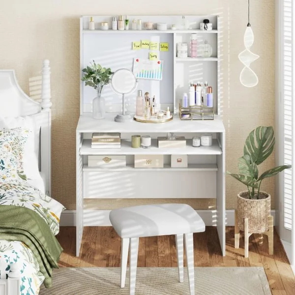 Bureau avec Tableau d'Affichage Magnétique Bureau à Domicile avec Huche et Plateau pour Clavier Table d'Ecriture avec Etagère Réglable Blanc