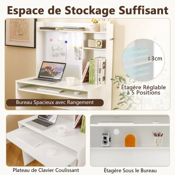 Bureau avec Tableau d'Affichage Magnétique Bureau à Domicile avec Huche et Plateau pour Clavier Table d'Ecriture avec Etagère Réglable Blanc
