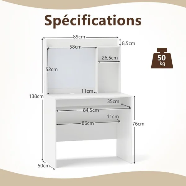 Bureau avec Tableau d'Affichage Magnétique Bureau à Domicile avec Huche et Plateau pour Clavier Table d'Ecriture avec Etagère Réglable Blanc