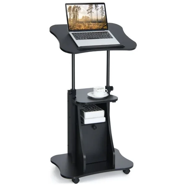 Bureau d’Accueil Roulant Pour Ordinateur,Plateau Inclinable à 180° Roulettes Verrouillables Bureau Assis-Debout Noir