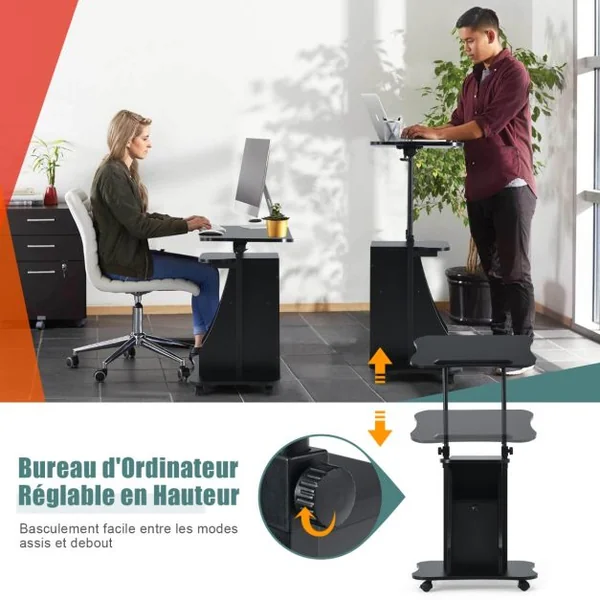 Bureau d’Accueil Roulant Pour Ordinateur,Plateau Inclinable à 180° Roulettes Verrouillables Bureau Assis-Debout Noir
