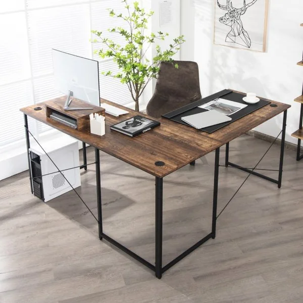 Bureau d'Angle 150 x 150 x 74 CM Ajustable à Bureau Droit Grand Table pour 2 Personnes Marron