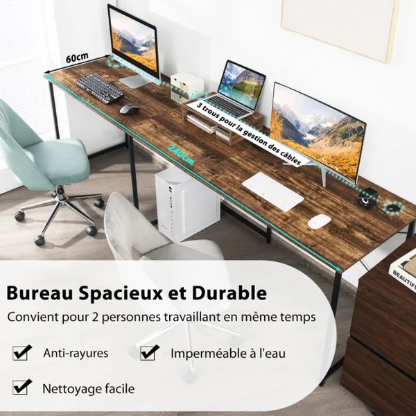Bureau d'Angle 150 x 150 x 74 CM Ajustable à Bureau Droit Grand Table pour 2 Personnes Marron