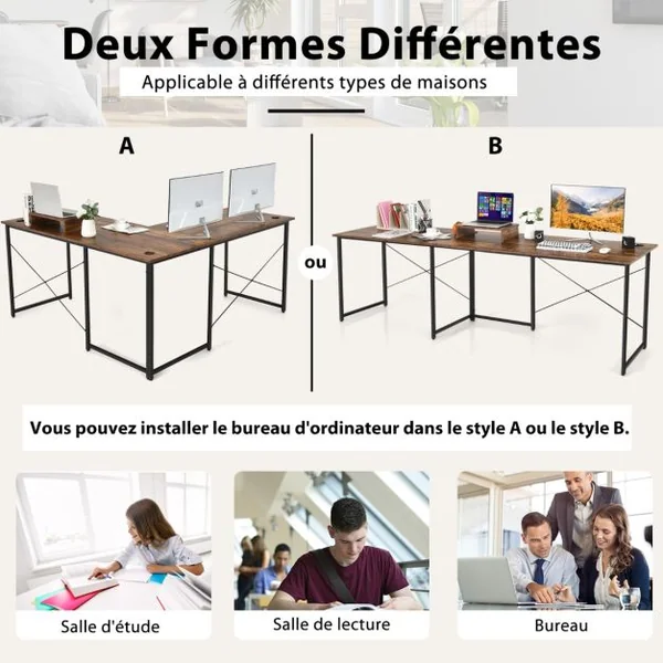 Bureau d'Angle 150 x 150 x 74 CM Ajustable à Bureau Droit Grand Table pour 2 Personnes Marron