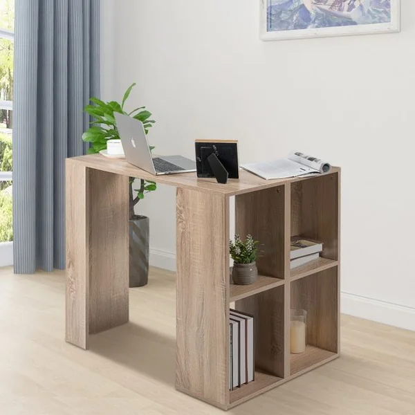 Bureau D'angle Compact Bureau Informatique avec 4 Cases de Rangement Ouvert Capacité 80kg en Mdf 90x60x75cm Naturel