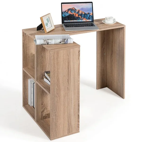 Bureau D'angle Compact Bureau Informatique avec 4 Cases de Rangement Ouvert Capacité 80kg en Mdf 90x60x75cm Naturel