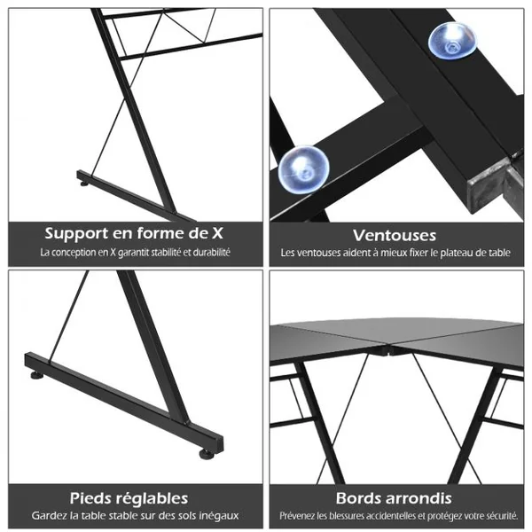 Bureau D'angle Contemporain Bureau Informatique Détachable en 2 Bureau en Verre Trempé et Fer 150x60x76cm Noir