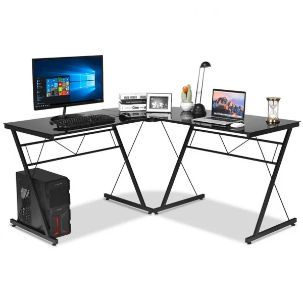 Bureau D'angle Contemporain Bureau Informatique Détachable en 2 Bureau en Verre Trempé et Fer 150x60x76cm Noir