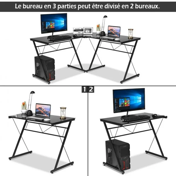 Bureau D'angle Contemporain Bureau Informatique Détachable en 2 Bureau en Verre Trempé et Fer 150x60x76cm Noir