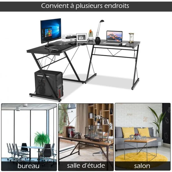 Bureau D'angle Contemporain Bureau Informatique Détachable en 2 Bureau en Verre Trempé et Fer 150x60x76cm Noir