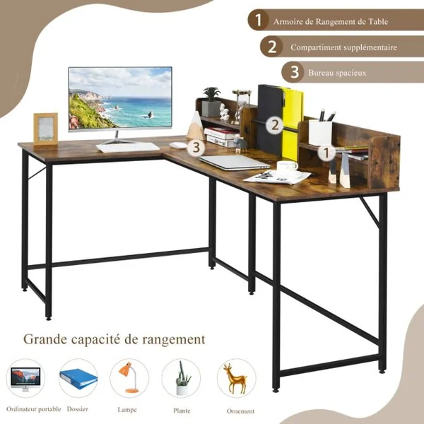 Bureau d'Angle en Forme de L 166 x 110 x 96 cm Étagères de Rangement Design Industriel Métal Marron Rustique
