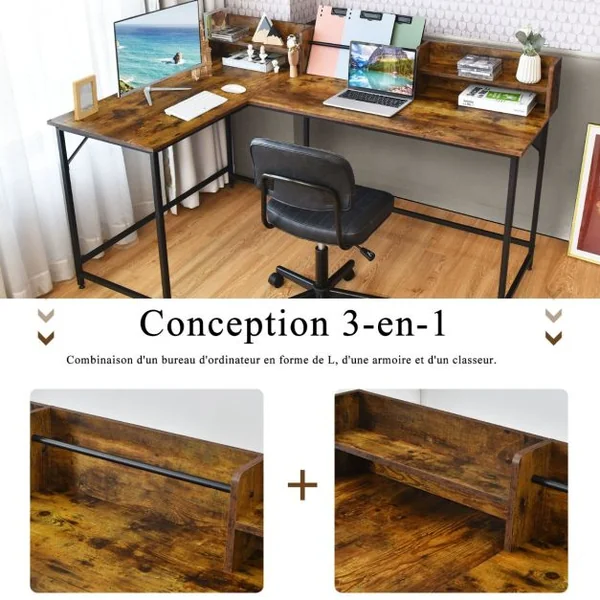Bureau d'Angle en Forme de L 166 x 110 x 96 cm Étagères de Rangement Design Industriel Métal Marron Rustique