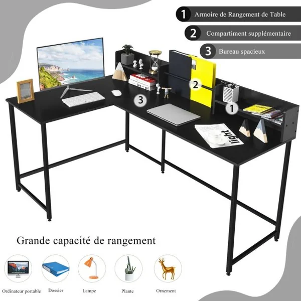 Bureau d'Angle en Forme de L 166 x 110 x 96 cm Étagères de Rangement Design Industriel Métal Noir