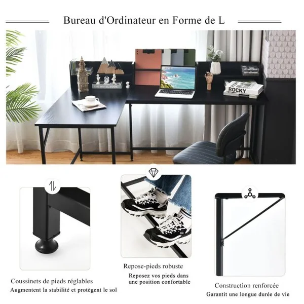 Bureau d'Angle en Forme de L 166 x 110 x 96 cm Étagères de Rangement Design Industriel Métal Noir