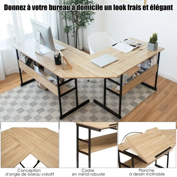 Bureau d'Angle en forme de L Ajustable à Bureau Droit 2 Personnes avec Plateau Inclinable Support Centrale Marron/Café/Naturel
